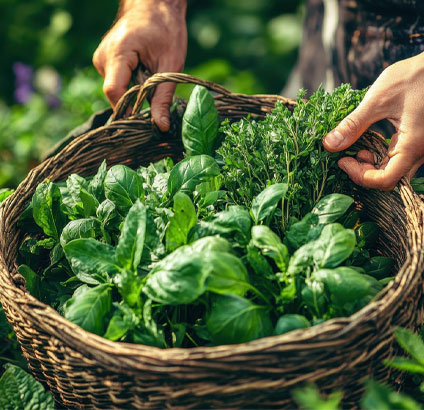harvesting herbs in a basket